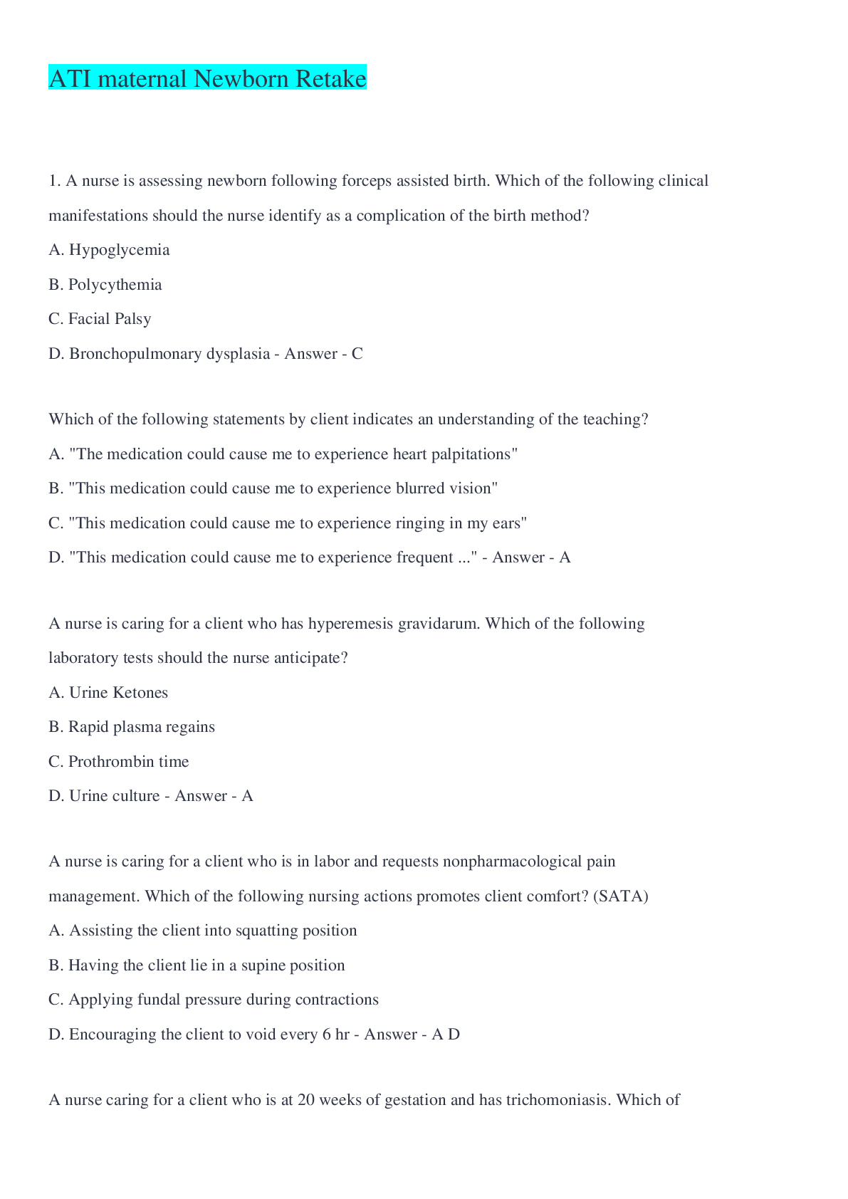 Preview image for ATI maternal Newborn Retake Questions And Answers 2022/2023